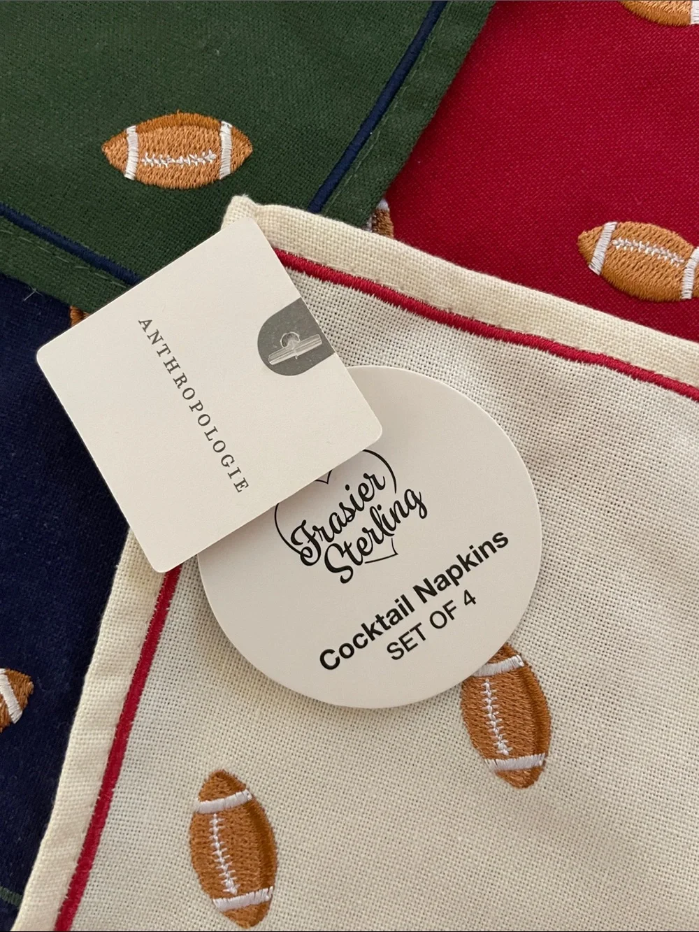 Anthropologie Frasier Sterling Cocktail Football Napkins, NWT